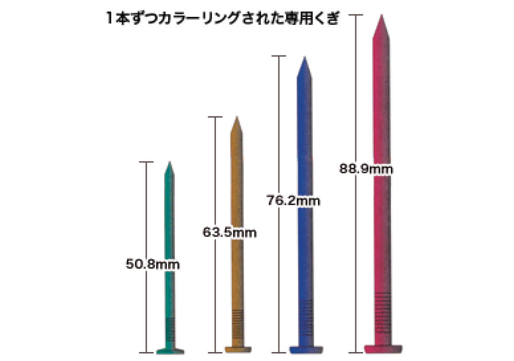 1本ずつカラーリングされた専用くぎ